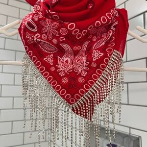 Red Paisley Bandana with Silver Rhinestone Fringe